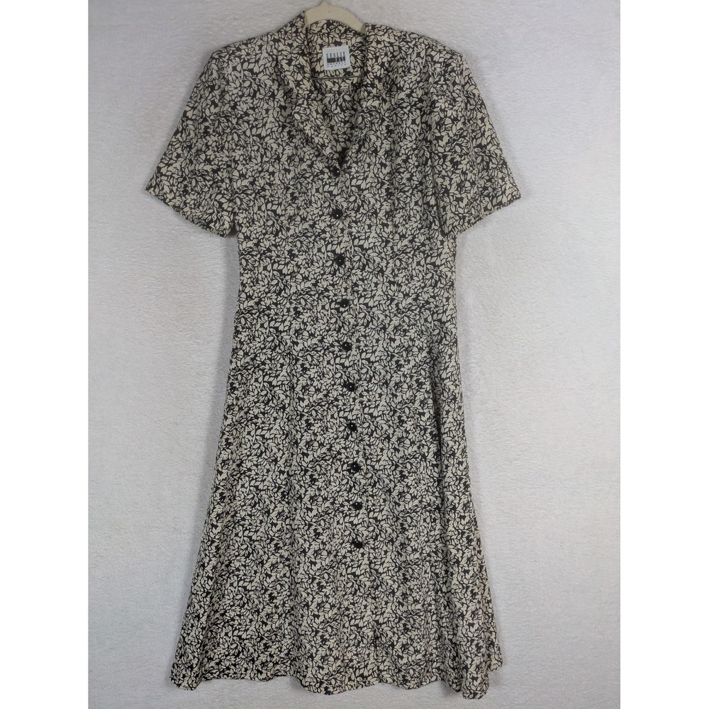 Leslie Fay Button Front Midi Dress Women's 8P Black Cream Leaf Print